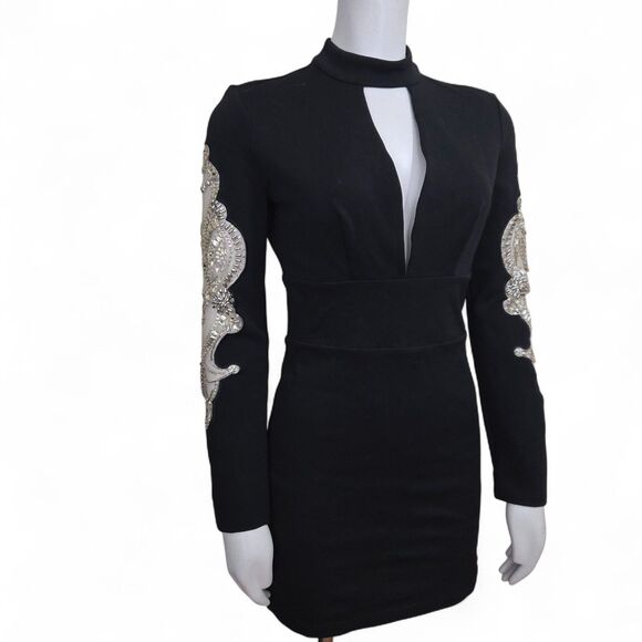 Bebe Vtg Y2K Black Mini Dress S Plunge Neck Sheer Sleeve Rhinestones Open Back - Picture 2 of 14